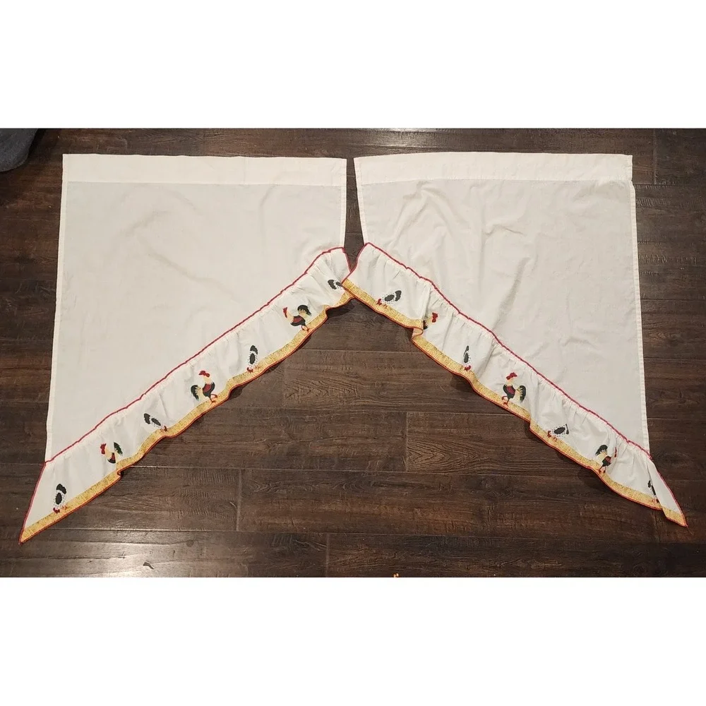 Rooster Chicken Embroidered Ruffle Swag Kitchen Curtains Country Farmhouse Decor